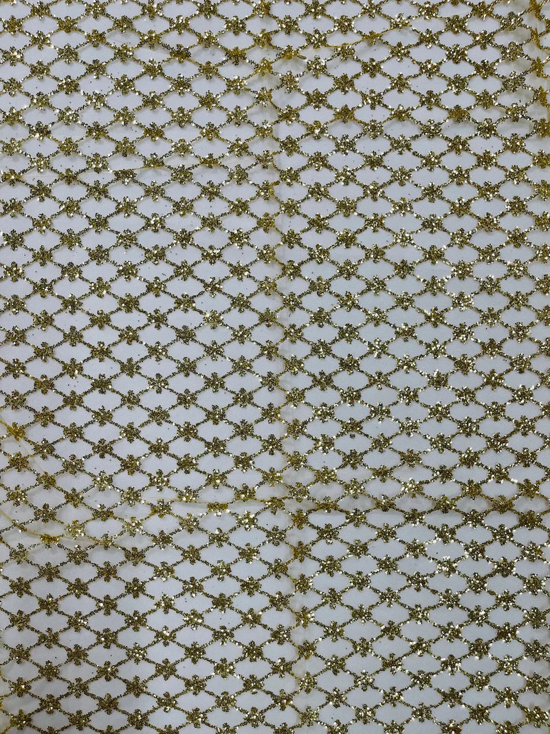 Diamond Design Glitter Fabric - Gold - Triangle Shiny Glitter Mesh with Flower Decor by Yard