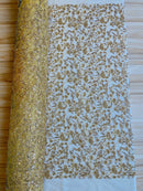 Floral Plant Bead Design - Gold - Beaded Flower Plants Embroidered  Sequins Fabric By Yard