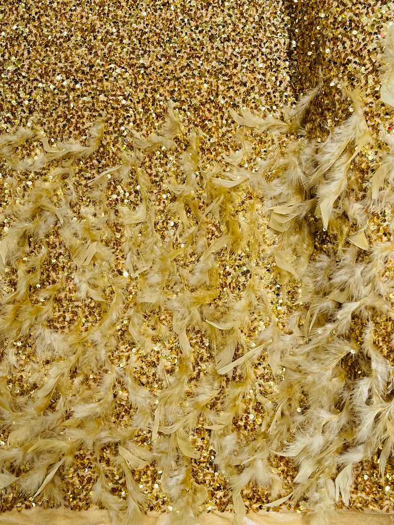 Feather Sequin Velvet Fabric - Gold - 5mm Sequins Velvet 2 Way Stretch 58/60" Fabric By Yard