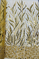 Plant Design Bead Fabric - Gold - Geometric Mirror Bead Handmade Design with Rhinestones By Yard