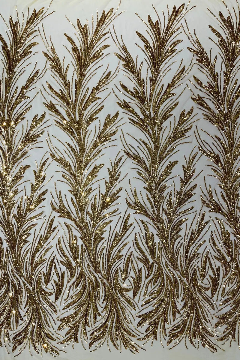 Leaf Stretch Sequins Fabric - Gold - 4 Way Stretch Sequins on Lace Mesh Fabric by Yard