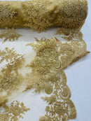 Flower Lace Sequins Fabric - Gold - Embroidered Floral Pattern Fabric with Sequins on Lace By Yard