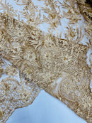 3D Floral Leaf Line Panels - Gold - 3D Embroidered Flower Lines with Pearls on Lace By Yard