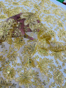Metallic Floral Lace Fabric - Gold - Hologram Sequins Floral Metallic Thread Fabric by Yard