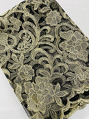 Damask Fancy Design - Gold - Embroidered Black Mesh Damask Design Lace Fabric Sold by Yard