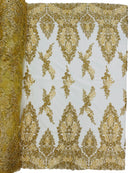 Beaded Floral Fabric - Gold - Luxury Bridal Floral Pattern Fabric With Beads, Sequins Sold By Yard