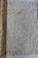 Wavy Leaf Lines Fabric - Gold - Beaded Sequins Leaf Pattern Embroidered On Mesh By Yard