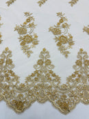 Floral Cluster Beaded Fabric - Gold - Embroidered Flower Beaded Fabric Sold By Yard