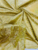 Foggy Foil Velvet Fabric - Iridescent Silver on Gold - Oil Slick 4 Way Stretch Foil Velvet Fabric By Yard