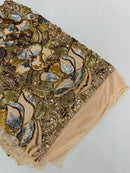 Orchid Flower Sequins Design - Gold - Embroidered 4 Way Stretch Full Of Sequins Fabric Sold By Yard