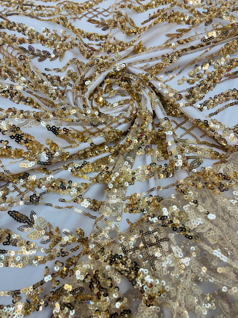 Wavy Floral Beaded Fabric - Gold - Geometric Beaded Sequins Embroidered Fabric Sold By Yard