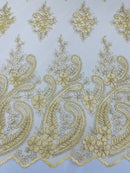 Metallic Paisley Floral Lace - Gold - Corded Floral Lace with Metallic Thread on Mesh By Yard