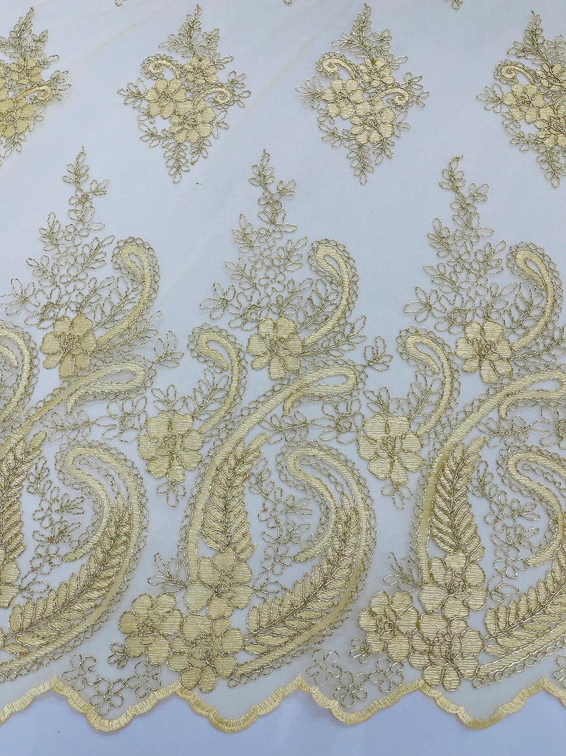 Metallic Paisley Floral Lace - Gold - Corded Floral Lace with Metallic Thread on Mesh By Yard