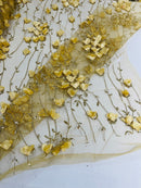 3D Floral Glitter Fabric - Gold - 3D Sequins and Glitter Floral Design on Mesh Sold By Yard