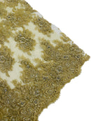 Beaded Rhinestone Fabric - Gold - Floral Rhinestone Beaded Design with Fancy Border Sold By Yard
