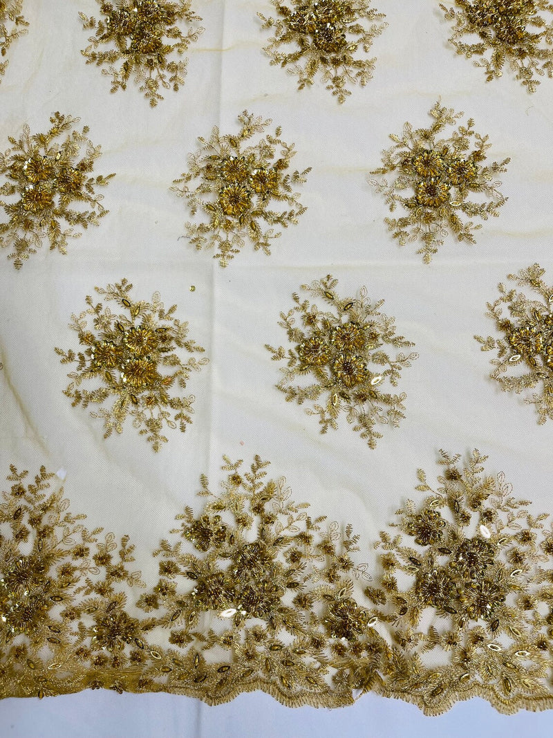 Floral Beaded Gaviota Fabric - Gold - Beaded Floral Design Embroidered On Mesh Sold By Yard