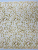Flower Metallic Lace Fabric - Gold - Corded Floral Sequins Design Fabric Embroidered on Lace by Yard