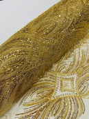 Beaded Line Fabric - Gold - Luxury Bridal Line Pattern Fabric With Beads, Sequins Sold By Yard