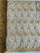 Flower Lines Bead Fabric - Gold - Beaded Flower Fabric with Curled Long Lines Pattern By Yard
