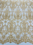 Rhinestone Design Fabric - Gold - Beaded Damask Design Embroidery Corded Lace  by Yard