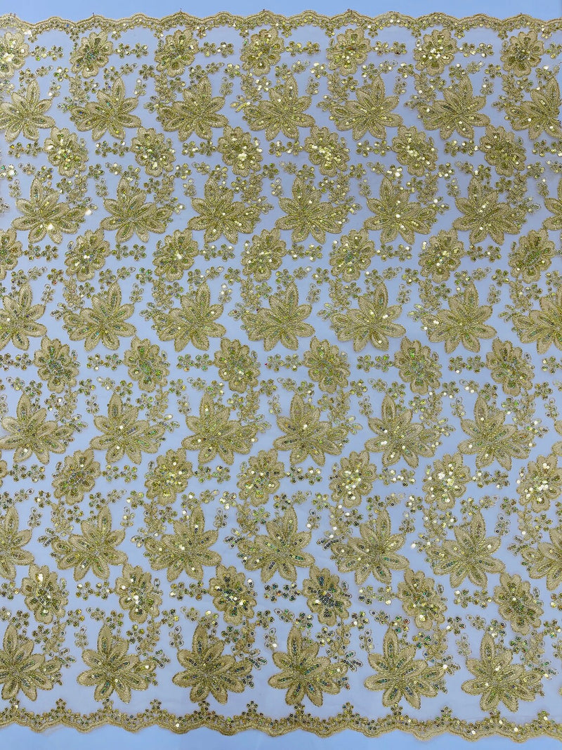 Metallic Floral Lace Fabric - Gold - Hologram Sequins Floral Metallic Thread Fabric by Yard