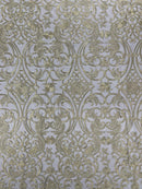Damask Fancy Design - Gold - Embroidered Black Mesh Damask Design Lace Fabric Sold by Yard