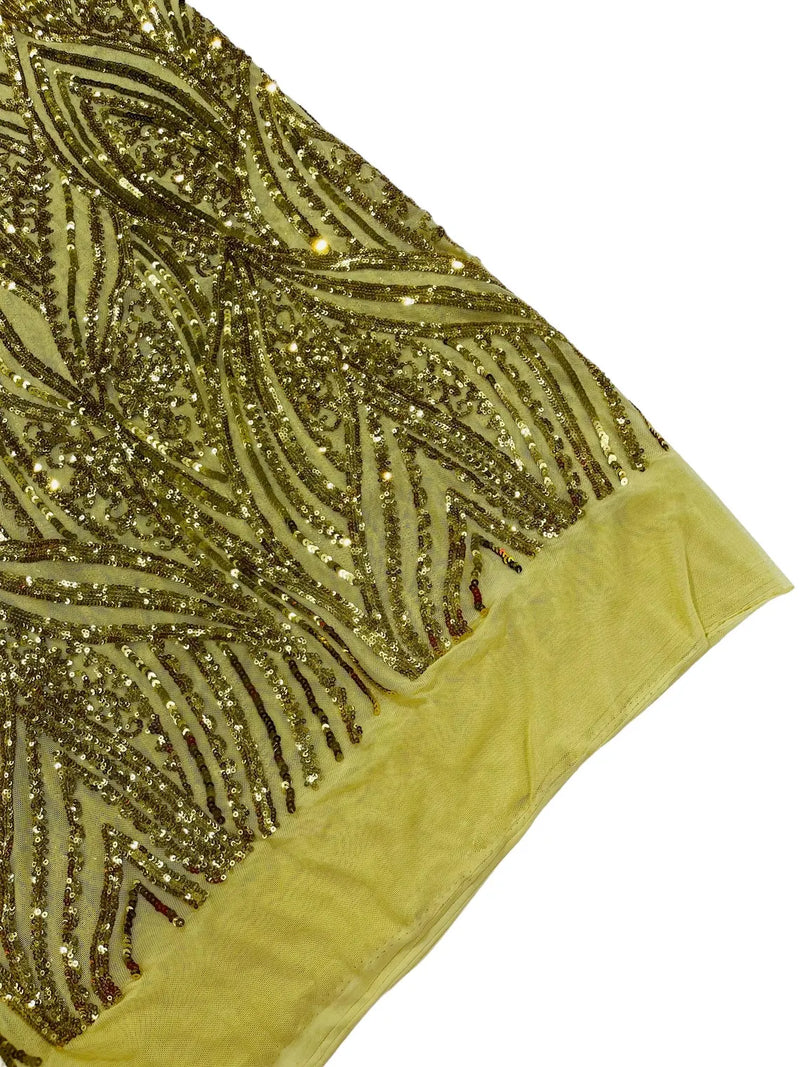 Curvy Design Sequins Fabric - Gold - 4 Way Stretch Curvy Sequins Design Mesh Fabric by Yard