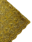 Metallic Floral Butterfly Fabric - Gold - Embroidered Floral Butterfly Design Mesh Fabric by Yard