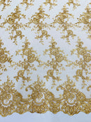 Plant Design Lace Fabric - Gold - Small Plant Flower Leaf Design Lace Fabric Sold By Yard