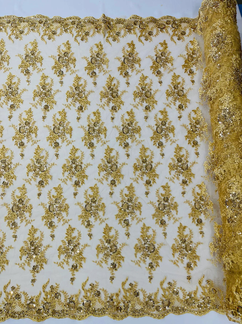 Beaded Sequins Floral Fabric - Gold - Embroidered Beaded Floral Clusters Sequins Fabric By Yard
