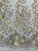 3D Glitter Floral Fabric - Gold - Glitter Sequin Flower Design on Lace Mesh Fabric by Yard