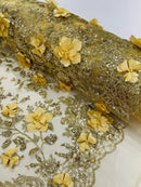 Big Flower 3D Glitter Fabric - Gold - Embroidered Floral Sequins Design Fabric by Yard