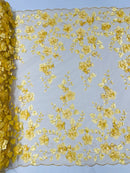 Floral 3D Pearl Fabric - Gold - Embroidered Double Border Flower Design Pearl Fabric By Yard