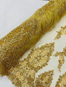 Beaded Floral Fabric - Gold - Luxury Bridal Floral Pattern Fabric With Beads, Sequins Sold By Yard