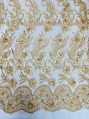 3D Floral Leaf Line Panels - Gold - 3D Embroidered Flower Lines with Pearls on Lace By Yard