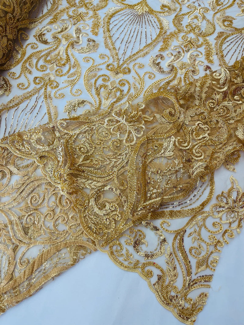 Leaf Damask Bead Fabric - Gold - Embroidered Sequins Heavy Beaded Lace Fabric by Yard