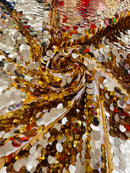 Circle Paillette Sequins - Gold - Large Round Paillette Sequins Design Fabric By Yard