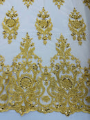 Embroidered Bead Fabric - Gold - Floral Damask Bead Bridal Lace Fabric by the yard
