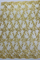 Gold Metallic Thread Leaf Design Embroidered With Sequins on a Mesh Lace Fabric by the Yard