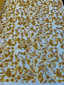 Floral Plant Bead Design - Gold - Beaded Flower Plants Embroidered  Sequins Fabric By Yard