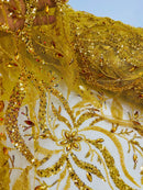 Floral & Leaf Pattern Bead Fabric - Gold - Embroidered Beaded Rhinestone on a Mesh, Sold By Yard