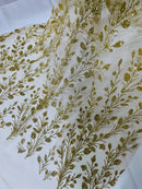 Leaf Plant Glitter Fabric - Gold - Luxury Tall Leaf Plant Shiny Glitter Mesh Design Fabric by Yard