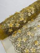 Flower 3D Glitter Fabric - Gold - Embroidered Floral Sequins Design Fabric by Yard