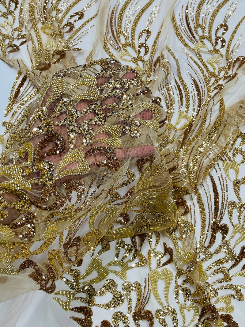 Wavy Lines Leaf Bead Fabric - Gold - Embroidered Leaf Beaded Mesh By Yard