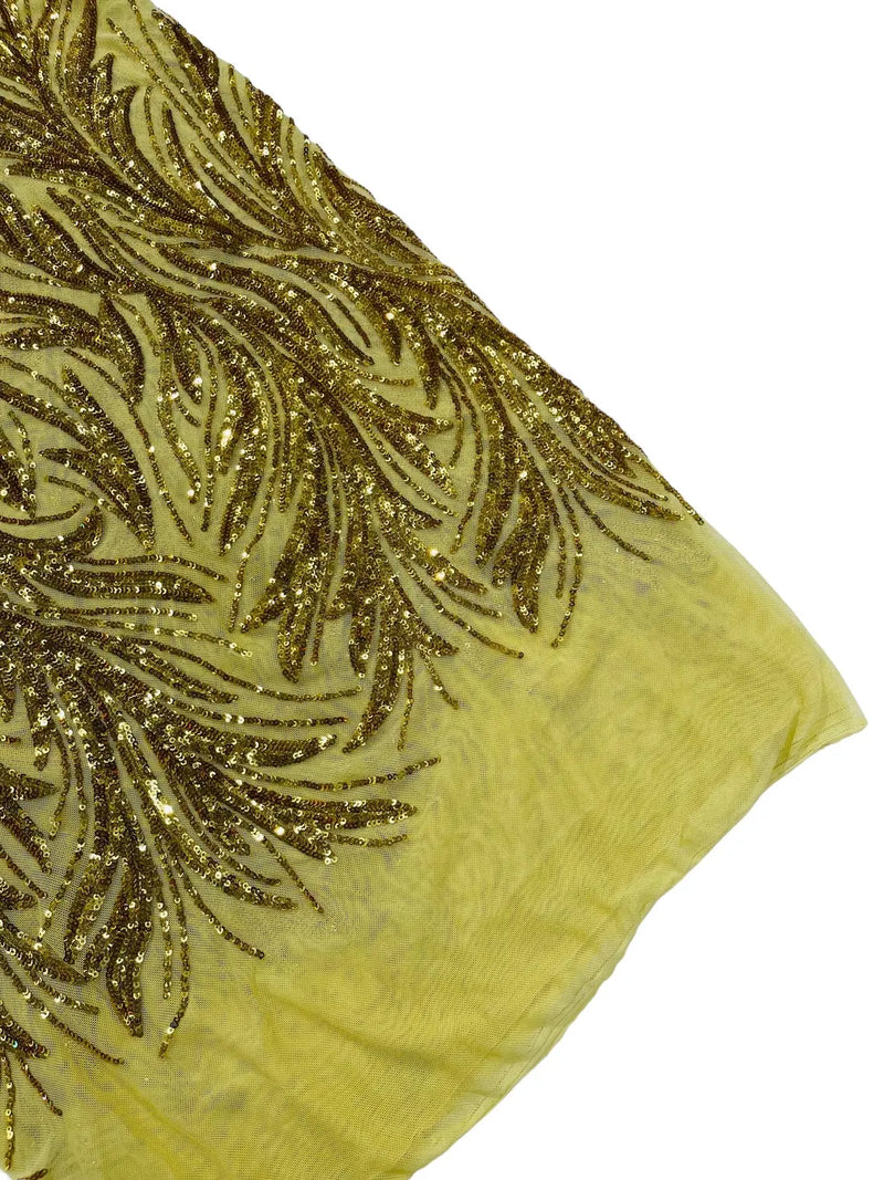 Leaf Stretch Sequins Fabric - Gold - 4 Way Stretch Sequins on Lace Mesh Fabric by Yard