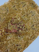 Butterflies Swirl Design - Gold -  Metallic Sequins Butterflies on Lace Fabric By Yard