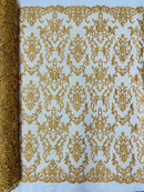 Beaded Butterfly Pattern Fabric - Gold - Damask Fancy Bead Sequins Fabric Sold by Yard