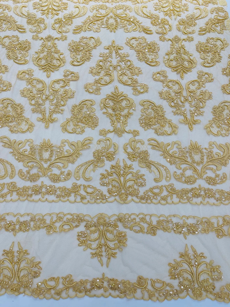 My Lady Beaded Fabric - Gold - Damask Beaded Sequins Embroidered Fabric By Yard