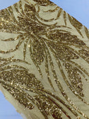 Wavy Leaf Design Fabric - Gold - 4 Way Stretch Sequins Lace Mesh Leaf Design Fabric by Yard