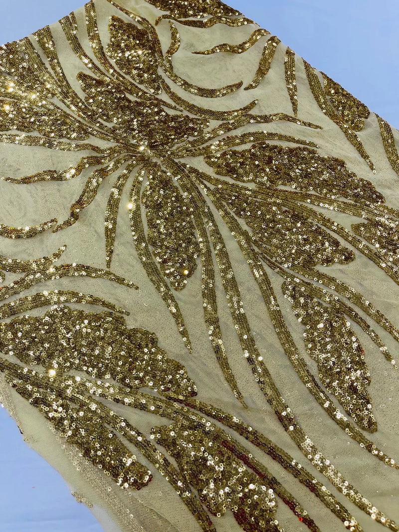 Wavy Leaf Design Fabric - Gold - 4 Way Stretch Sequins Lace Mesh Leaf Design Fabric by Yard